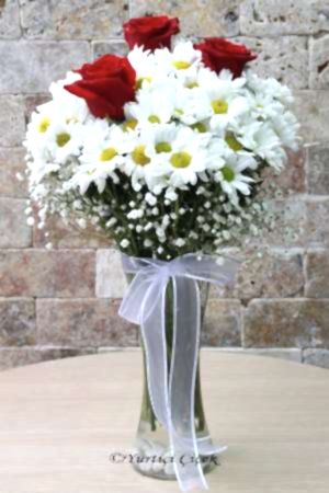 Daisy and 3 Red Roses