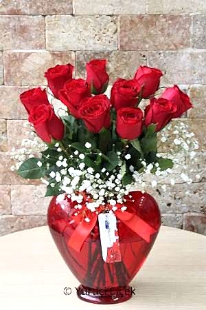 Red Roses in a Heart Vase